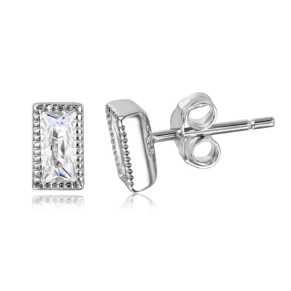 Sterling Silver 925 Rhodium Plated Rectangle Clear CZ Stud Earrings